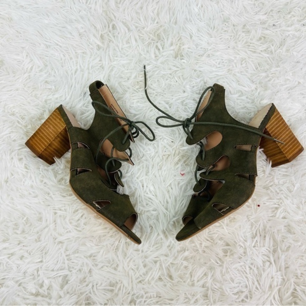 RESTRICTED olive green lace up open toe cut out summer block heels size 8